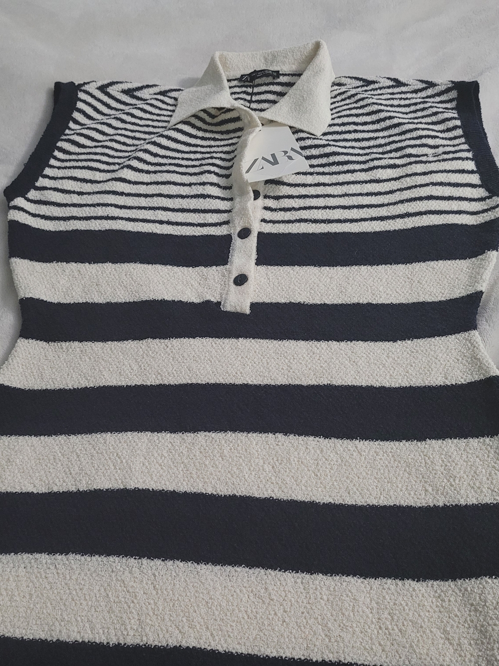 Zara Black & Cream Striped Knit Polo Tank NWT Small